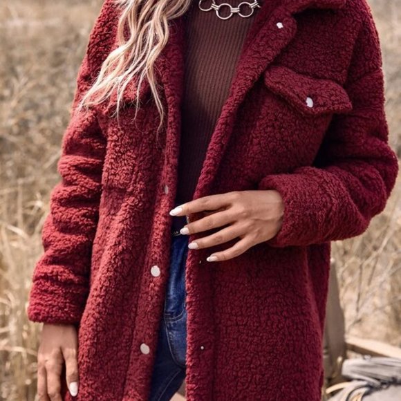 Burgundy Flap Pocket Drop Shoulder Casual Faux fur Teddy Coat - Picture 4 of 6